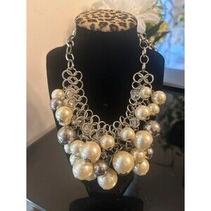 Lane Bryant Cream Faux Pearl & Silver-Tone Cluster Statement Necklace